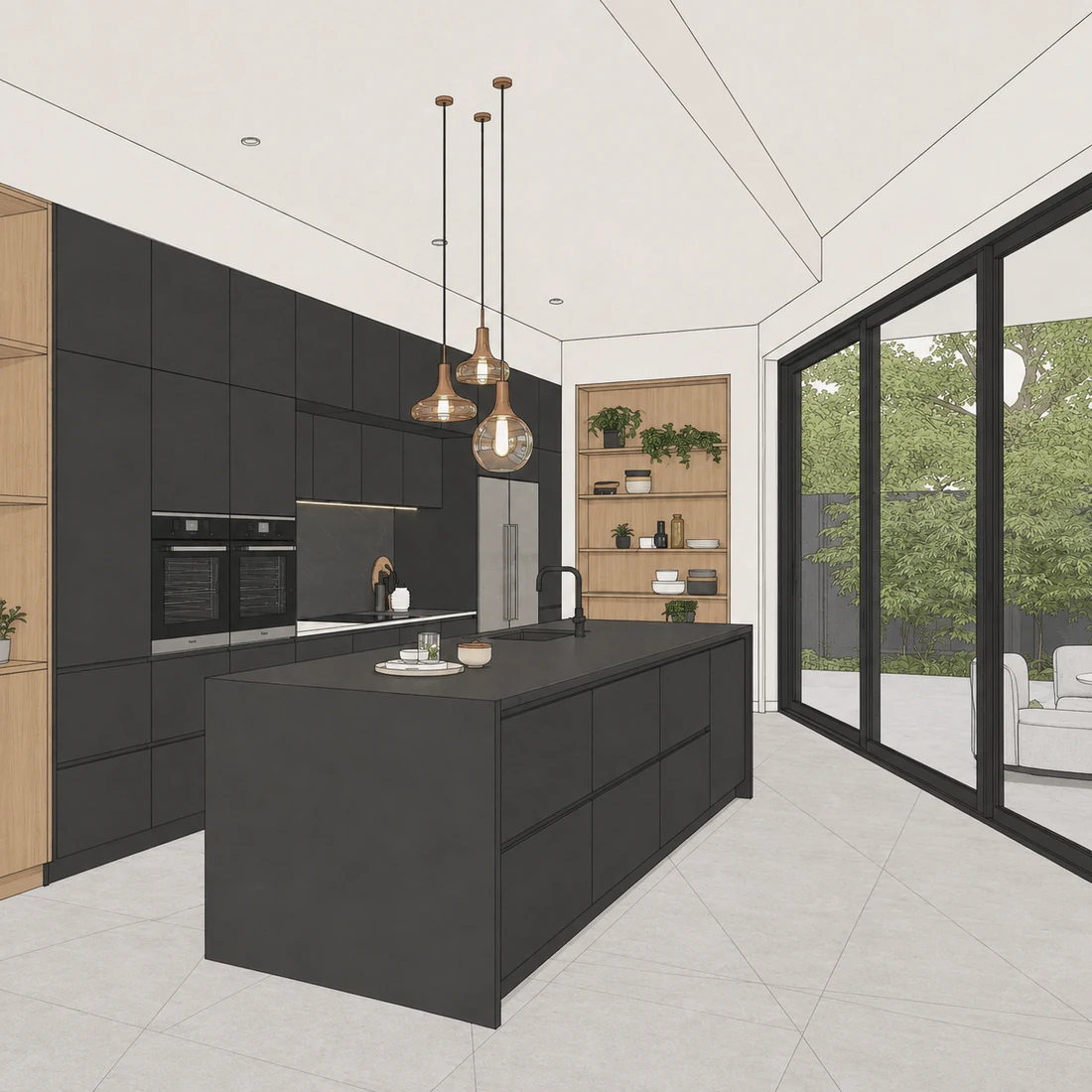 SketchUp export of a kitchen with dark fronts and an island