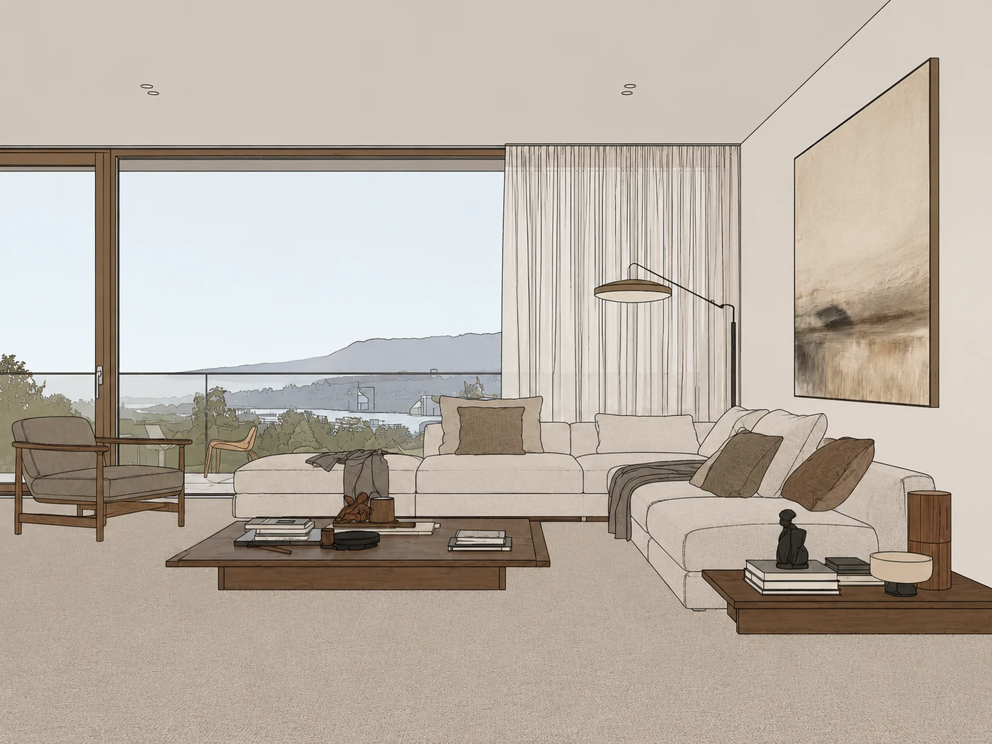 SketchUp export of a living room at eye level looking out over a lake