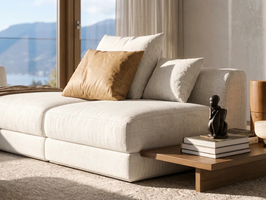 Detail shot of the furniture: the sofa with cushions and throw