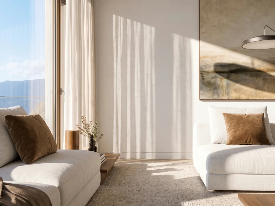 Detail shot of the light: sunlight falling through the curtain onto the sofa