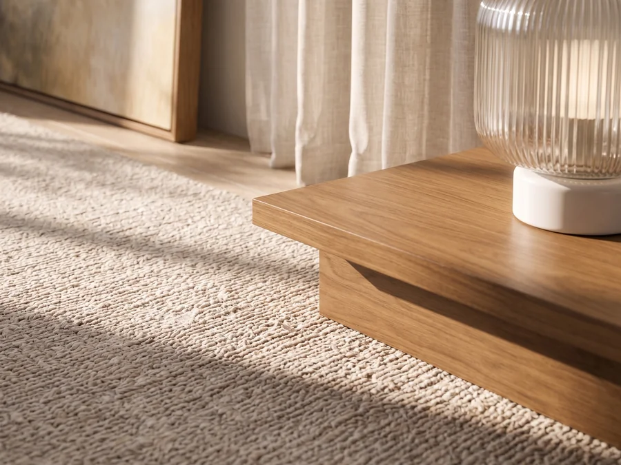 Detail shot of the material: the weave of the rug and the wooden table top