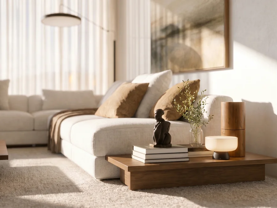 Detail shot of the styling: books, vase and accessories on the coffee table
