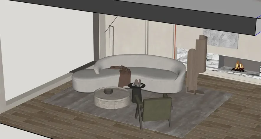 SketchUp export with the camera high above the room: the sofa flattens and the walls fall away