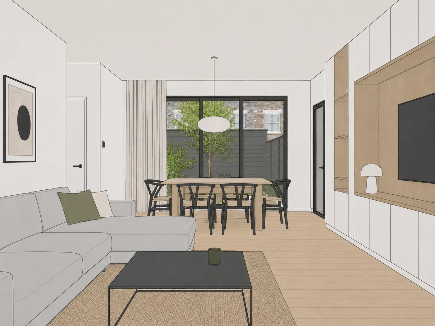 Werkrender of SketchUp-export, woonkamer