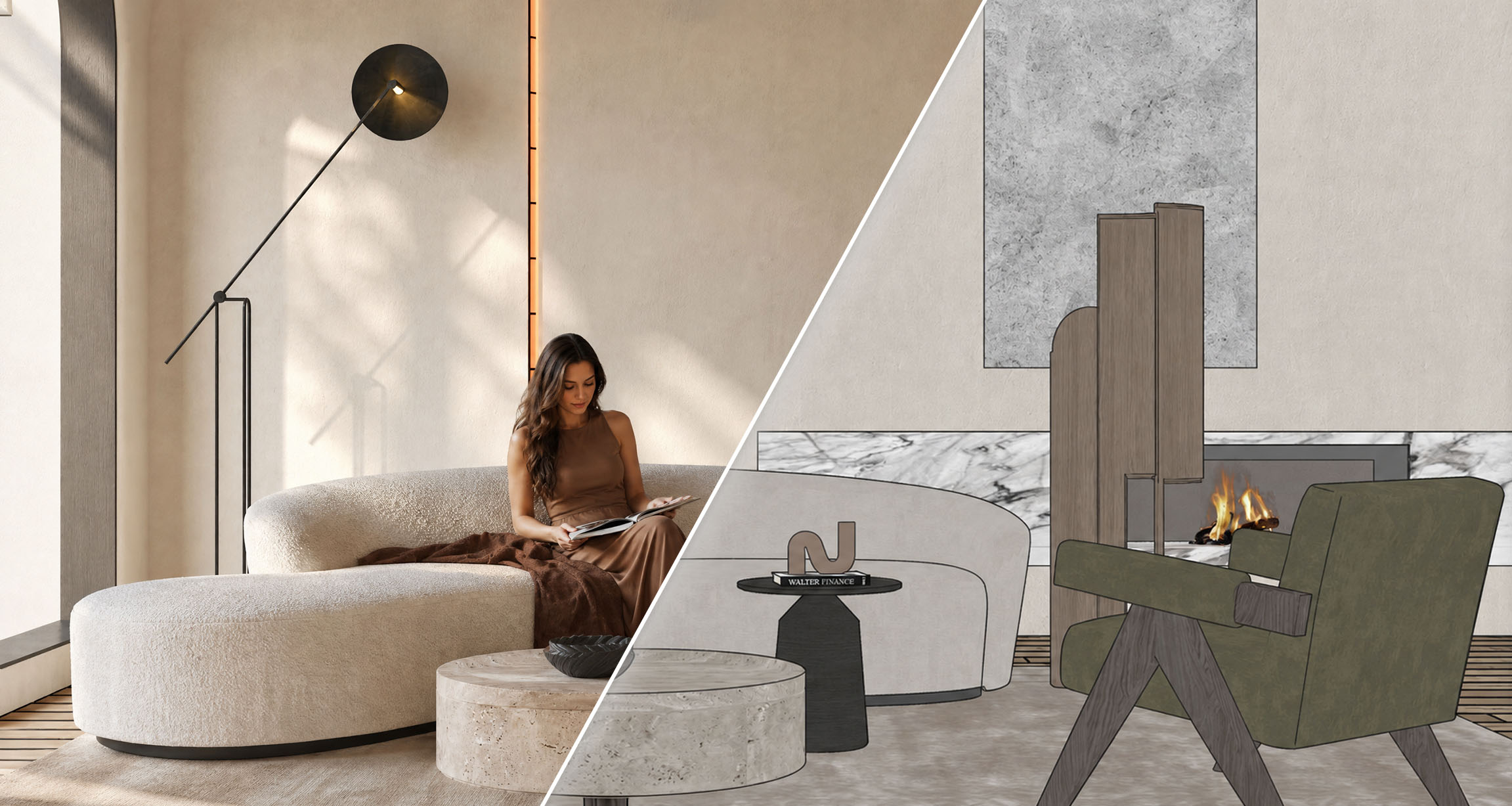 A second interior, split diagonally: SketchUp geometry on the right, the rendered result with daylight and a figure on the left