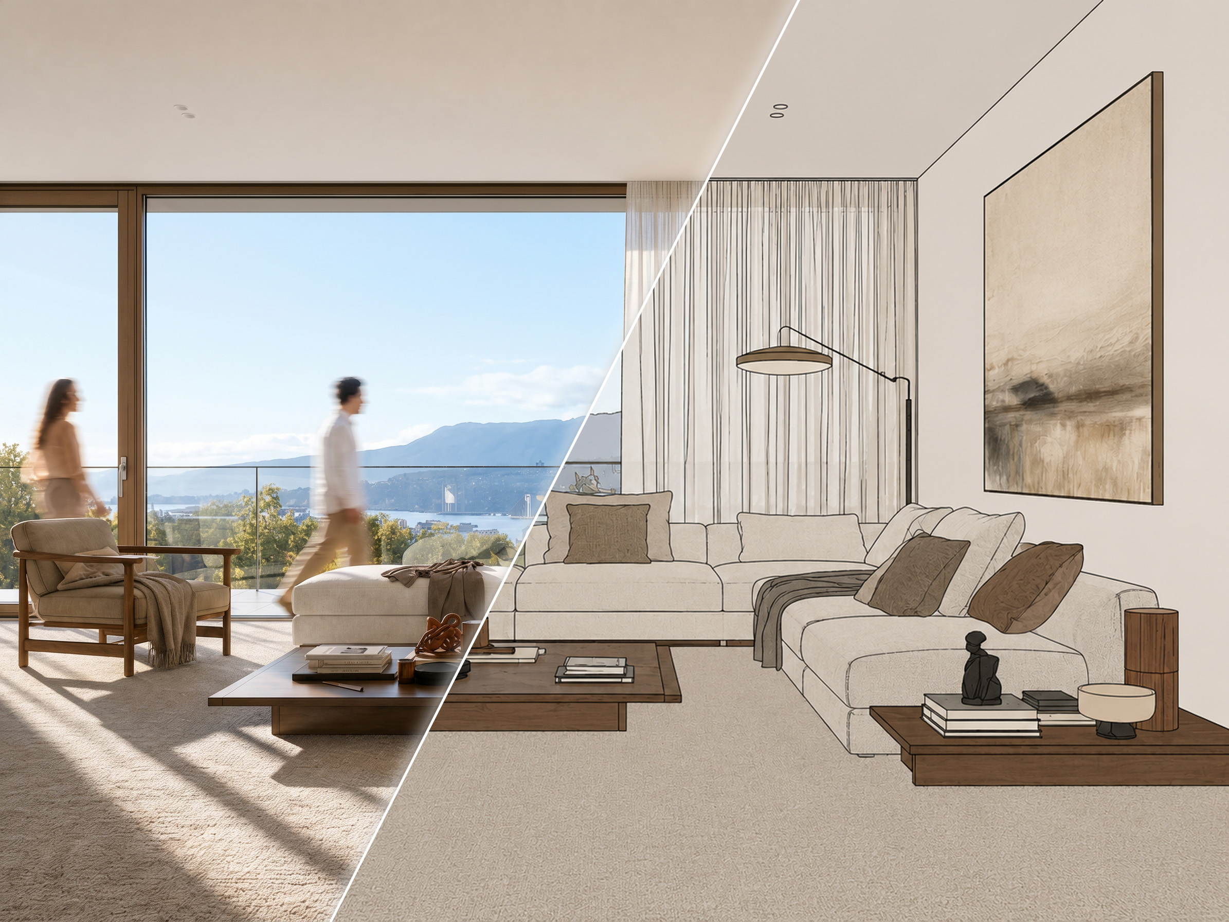One interior, split diagonally: the SketchUp line work on the right, the image Sherpa returned on the left